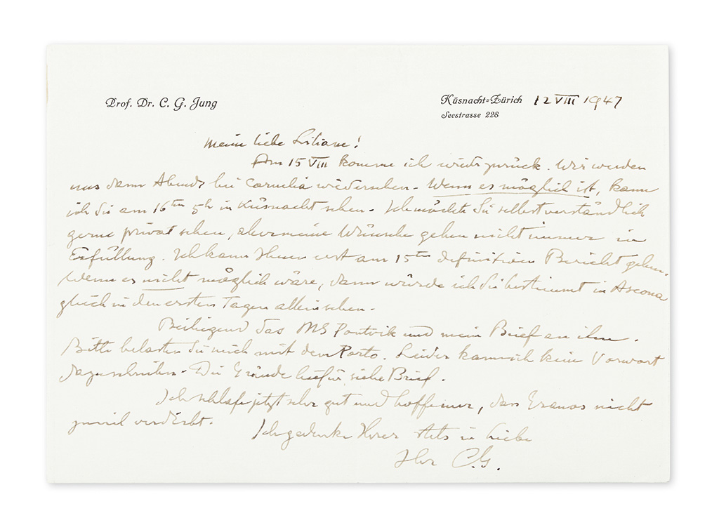 JUNG, CARL GUSTAV. Autograph Letter Signed, C.G., to his pupil Liliane Frey-Rohn (My dear Liliane!), in German,